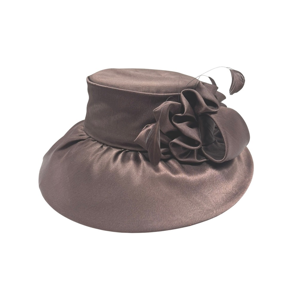 NWT Giovannio Dress Hat Women Brown Satin Flower Feather Wide Brim Italy